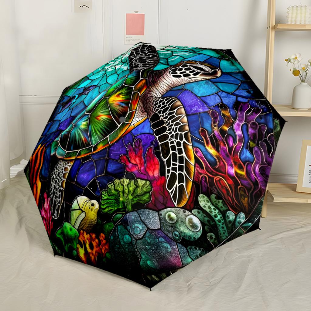 Watercolor Turtle Garden Portable Automatic Umbrella Compact & Durable 8-Rib Design Durable Plastic & Iron for Outdoor Daily Use Fashionable