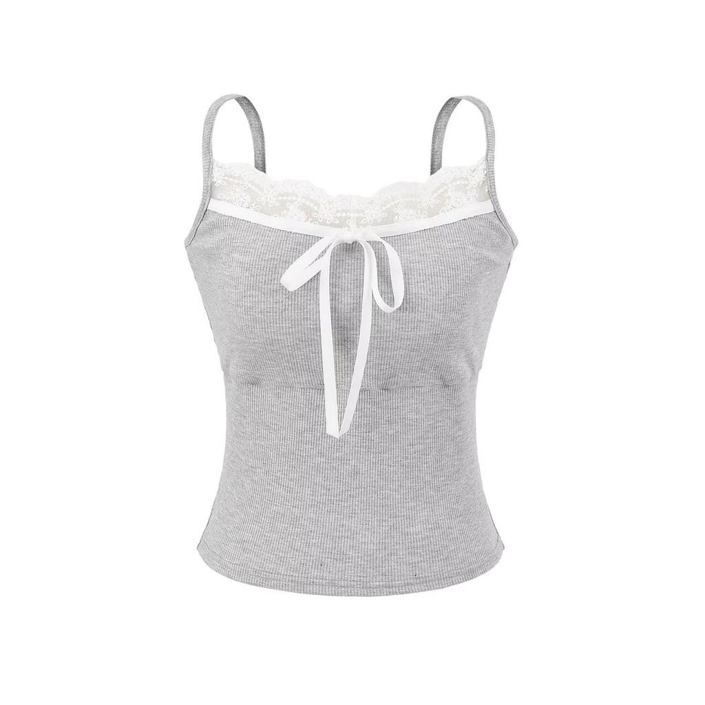 Lace Crop Top with Bowknot & Chest Pads - Slimming Summer Camisole for Petite Women