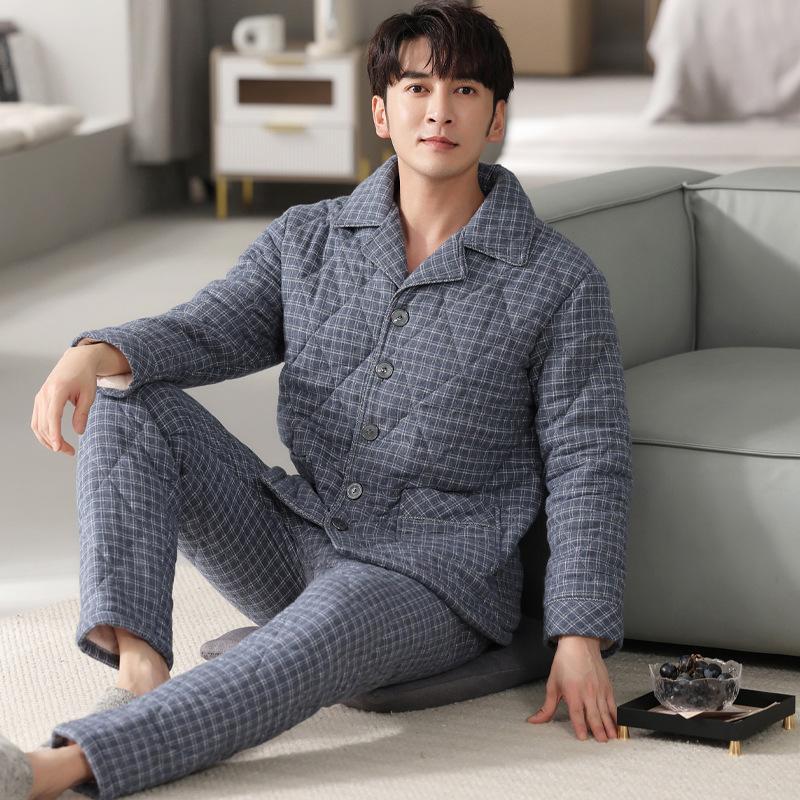 Pajamas Men'S Winter Three-Layer Thickened And Velvet Woven Pure Cotton Padded Autumn And Winter Mid-Dad Warm Loungewear