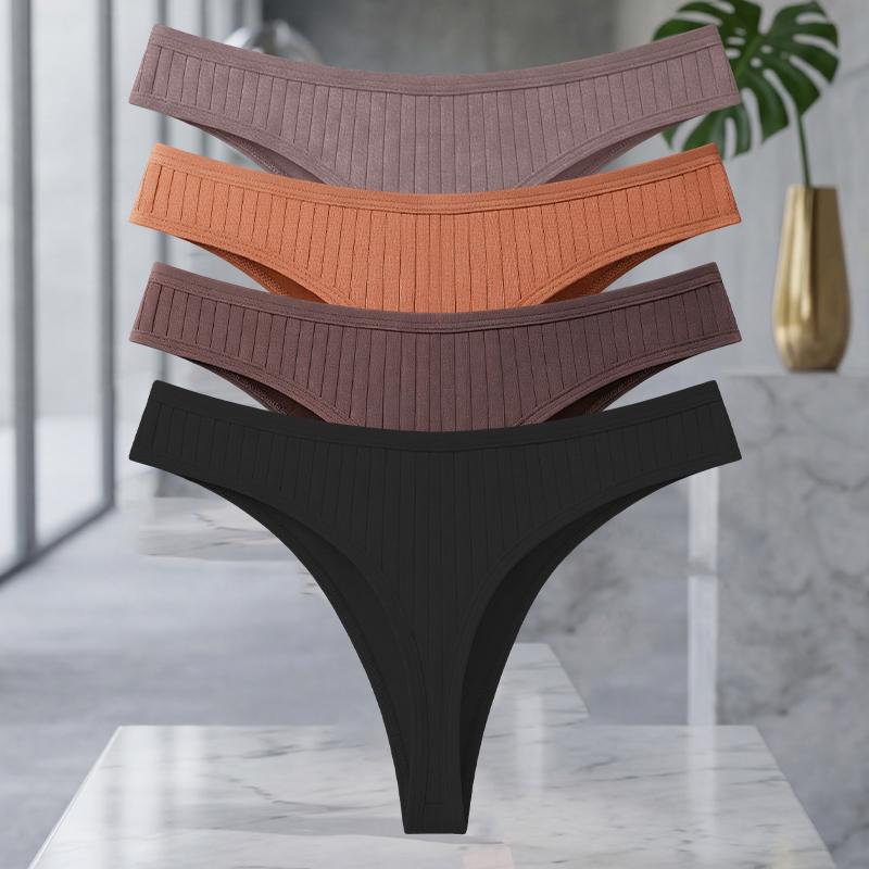 FINETOO 4Pcs/Set Cotton Ribbed Thongs For Women Seamless Solid Color High Quality Underwear Ladies Cozy Breathable Sexy G-String