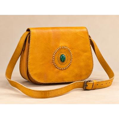 Leren Tas Unieke Gele Buffelleer Tas Met Mooie Steen Crossbody Tas Zijtas Dames Tas Kleine Reistas