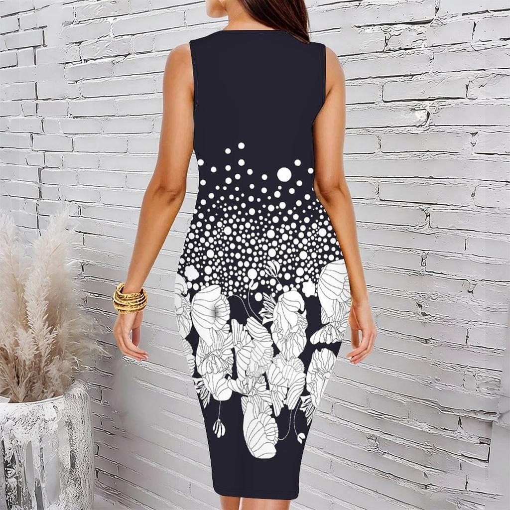 Women Plus Size Sleeveless Round Neck Midi Bodycon Dress Light Blue Vintage Floral Gradient Print Slim Fit Dress
