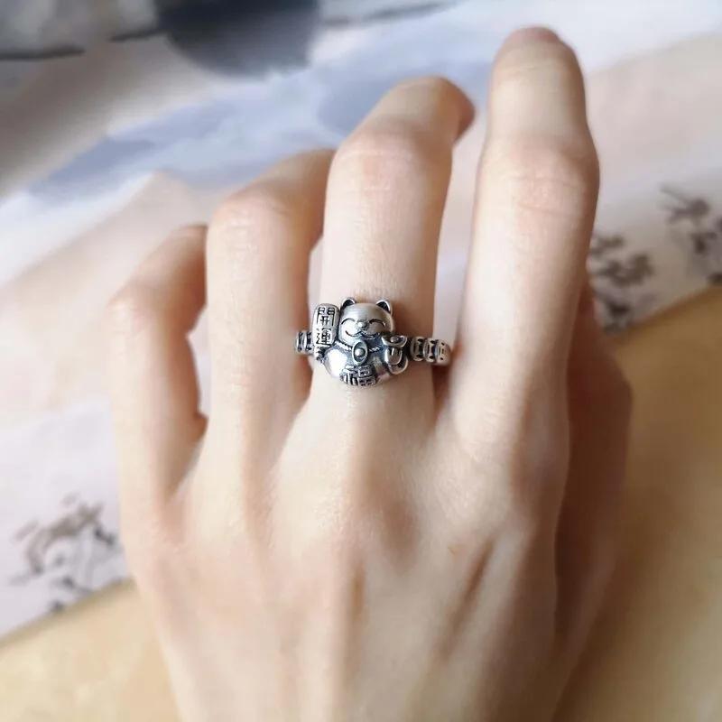 Exquisite Leichte Luxus Niedliche Katzenringe Für Frauen Vintage Mode Blume Kupfer Münzdesign Ring Bankett Schmuck Geschenk resizable gray