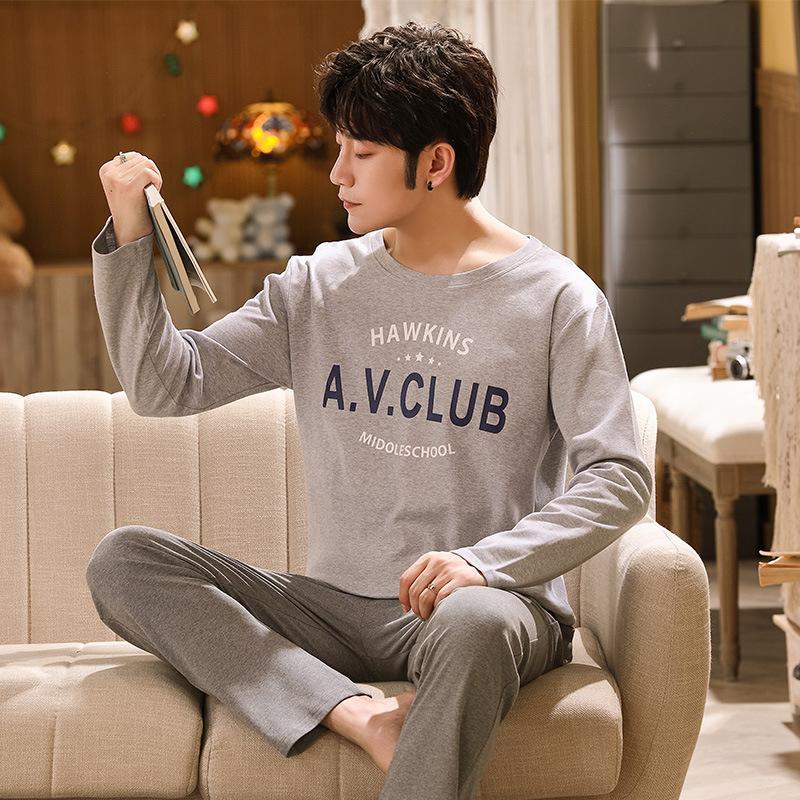 

Мужская пижама комплект хлопка мужчины мода длинные рукава брюки домашний костюм мультфильм повседневный из двух частей пижамы 2XL серый