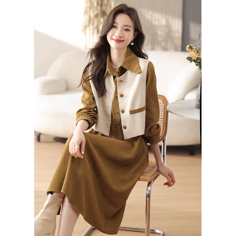Women's Popular Melard Style Autumn Dress Set: Long Sleeve Vest & Shirt Two-Piece