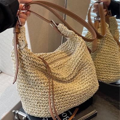 Sac de Paille pour Femmes Été Nouveau Décontracté Grande Capacité Sac Tissé Vacances à la Plage Sac Messager Sac Fourre-tout en Paille Tissé pour Femmes