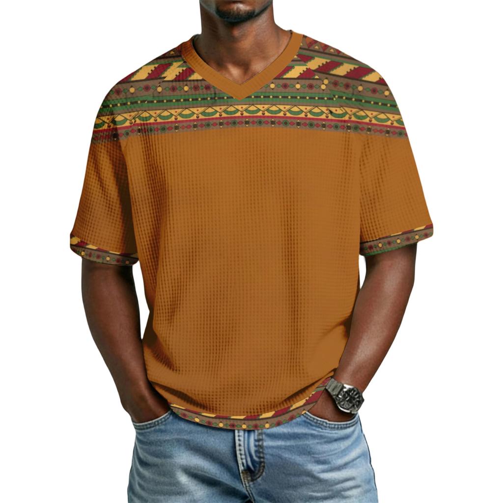 Men's casual stylish retro texture printed short-sleeved shirt Men's breathable V-neck short-sleeved top