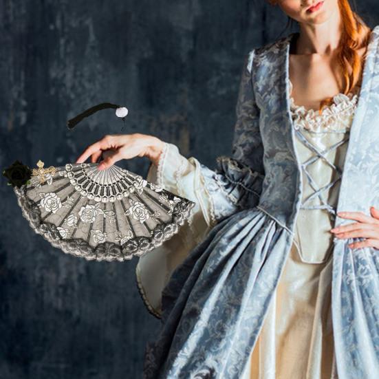 Ventilator portabil, retro, stil palat regal, dantelă, broderie de flori, decor fals de trandafiri, decorațiuni ușoare, evenimente, petrecere de ceai, accesoriu foto