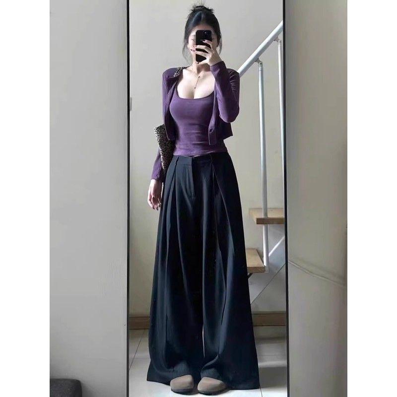 Early Spring Purple Cotton Two-Piece: Sleeveless Camisole & Slimming Long Sleeve Cardigan for Women