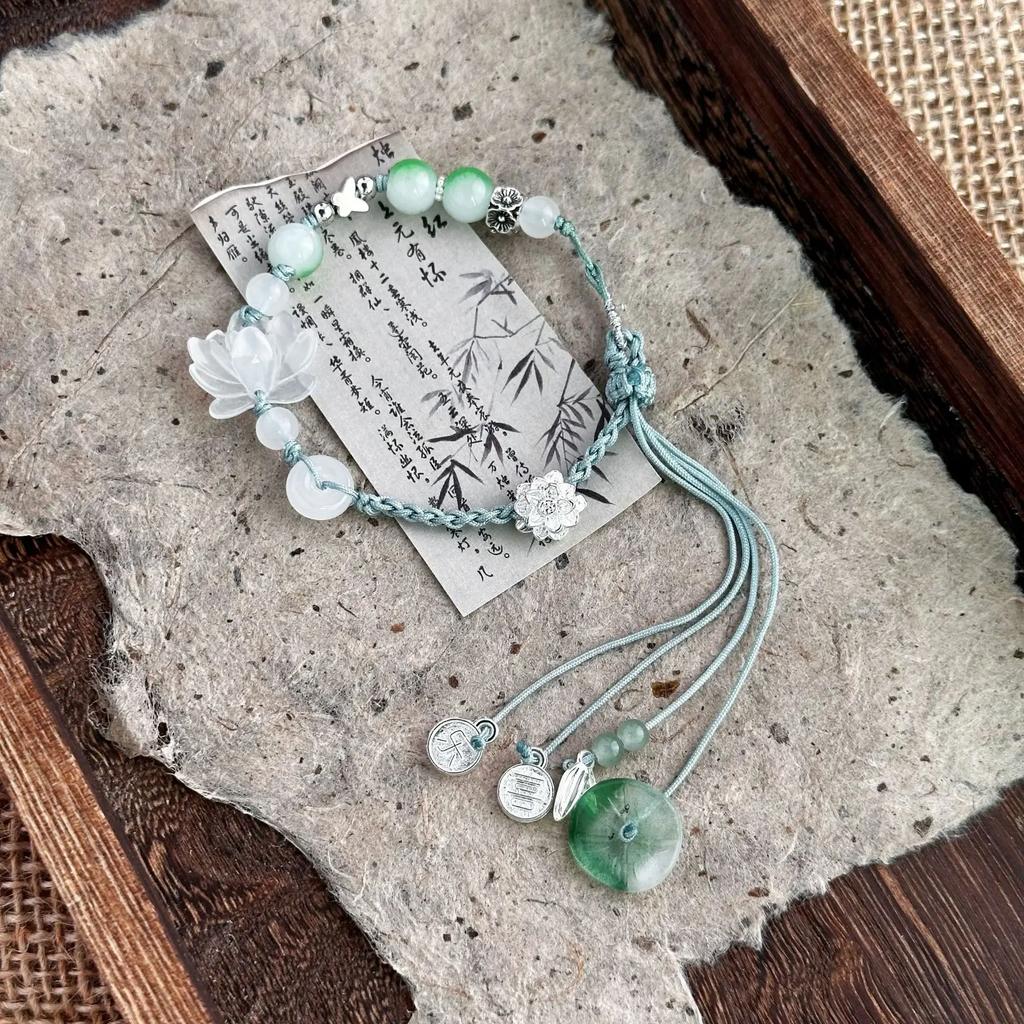 New Chinese Style Exquisite Lotus Leaf Lotus Bead Handmade Woven Rope Bracelet for Women's Fashion and High-end Jewelry
