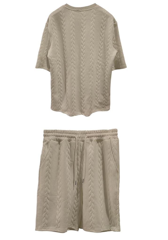 Men's Knit Jacquard Summer Casual Set: Round Neck Pullover & Shorts