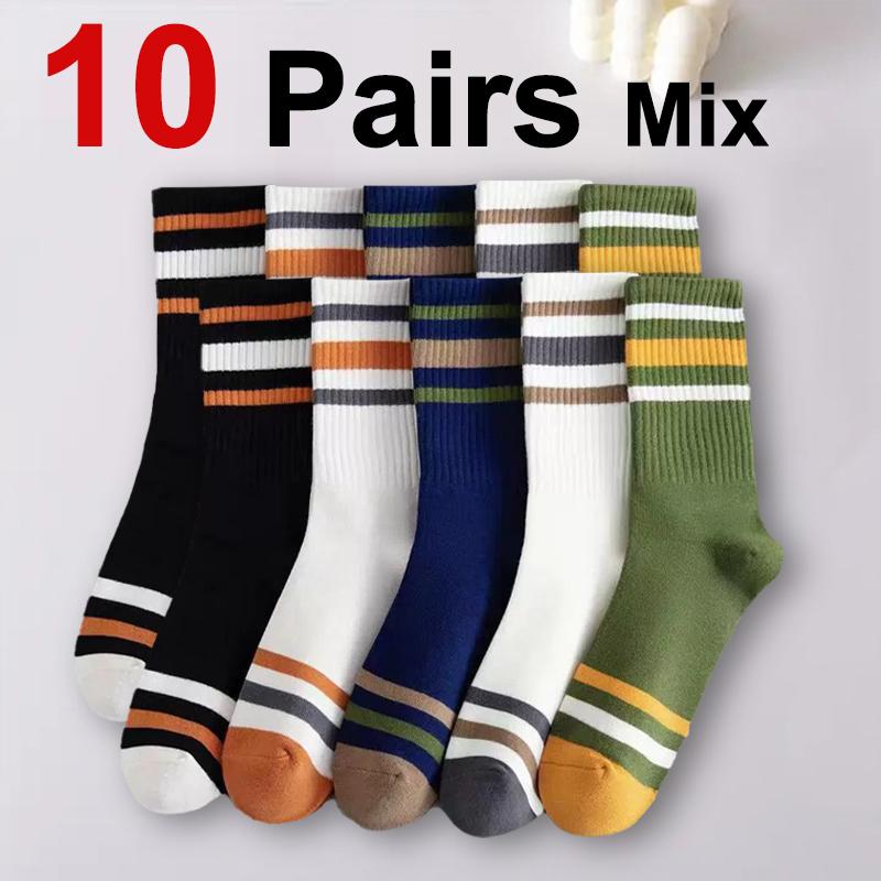 5/10 Par Herrrandiga Mellanhöga Strumpor Moderiktiga Färgblockering Mjuka Bekväma Svettabsorberande Andningsbara och Vardagsstrumpor