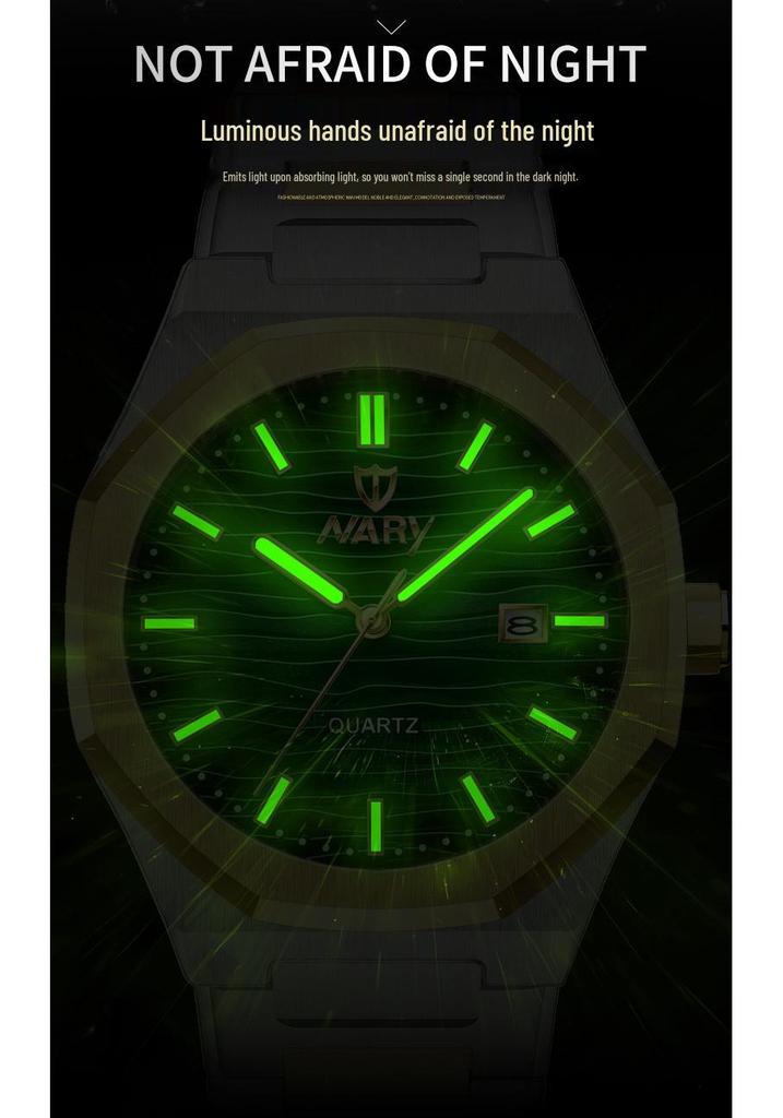 NARY Octagonal Men's Quartz Watch 9034 with Calendar and Steel Band