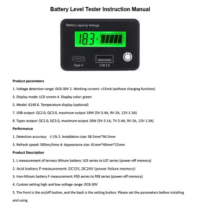 18W USB Type C QC3.0 Battery Monitor Real Time Electric Capacity Display Test for EV Solar Car Lithium Lead Acid Battery