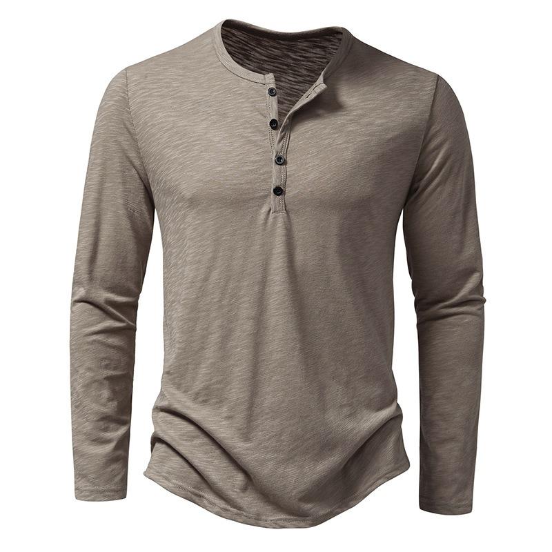 Mens Loose Slub Cotton Henley Collar Long Sleeve Casual T Shirt