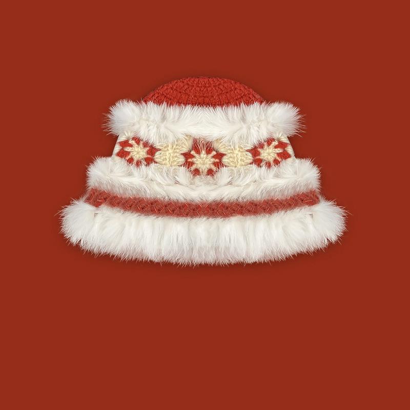 Autumn and winter new red lion hat women's warm versatile face small bucket hat cute rabbit hair handmade knitted hat
