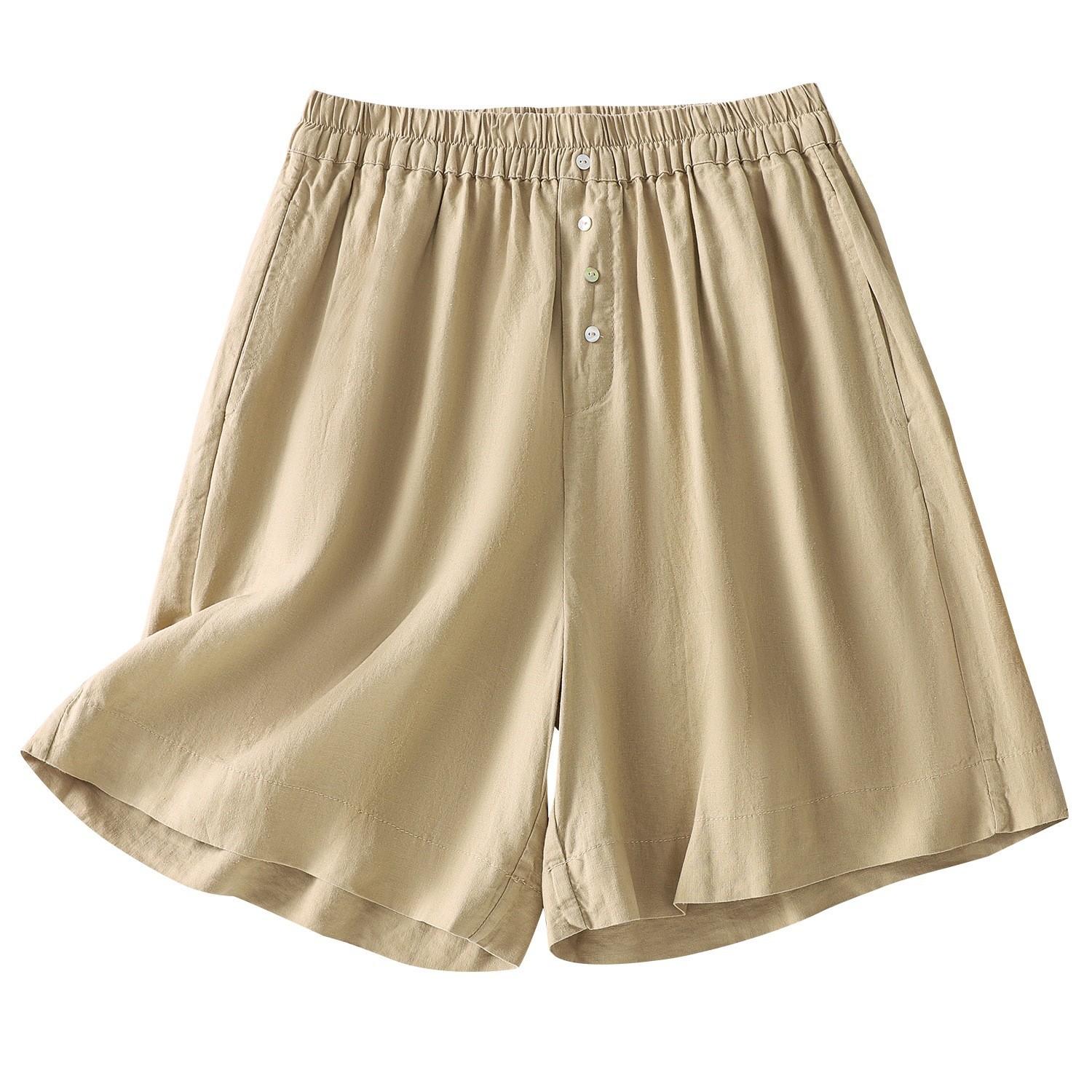 

Literary and retro solid color elastic waist versatile casual shorts for women s 2025 summer new age-reducing and thin three-point wide-leg pants M хакі