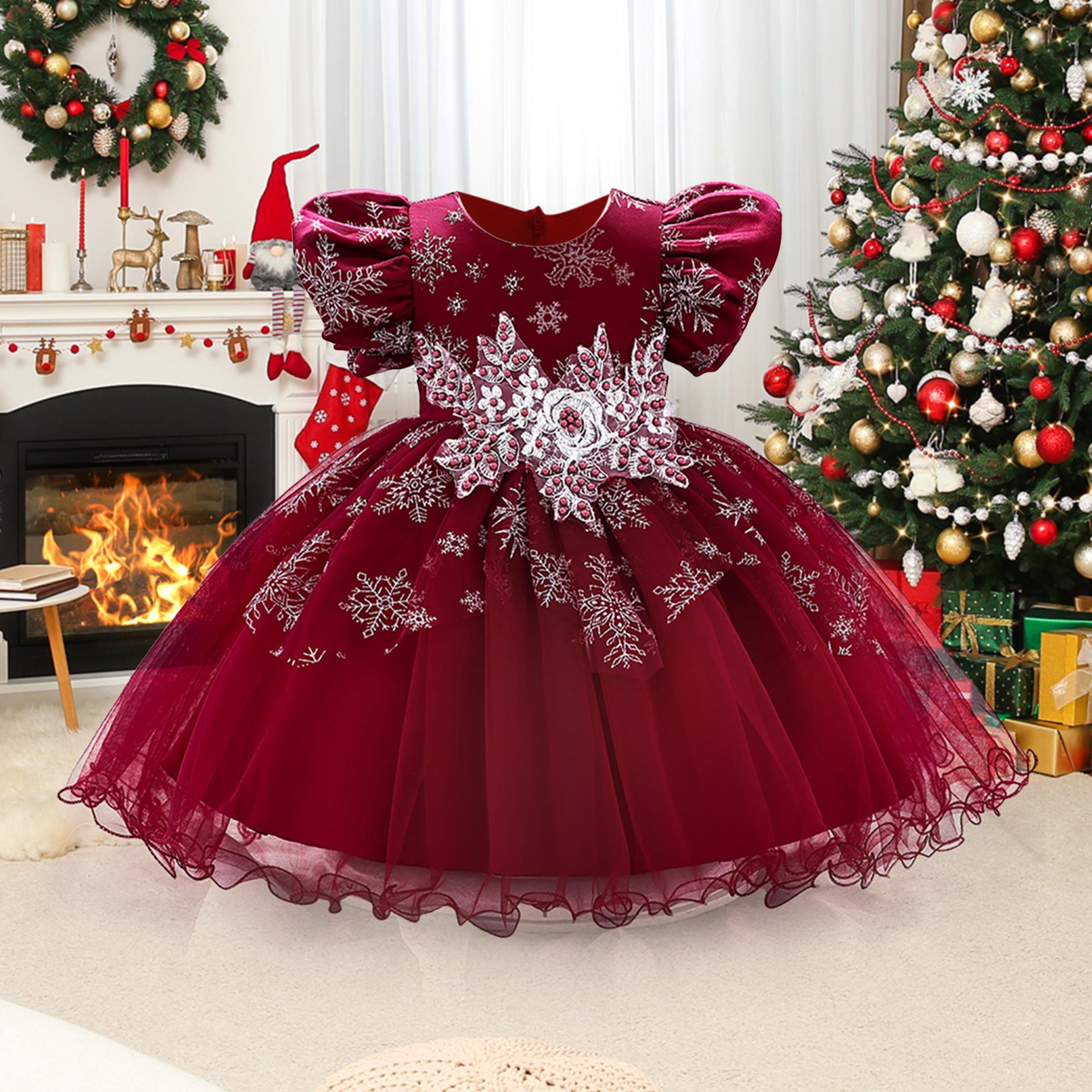 

Christmas Puff Sleeve Pearl Embroidered Princess Dress for Baby Girls (1 Year) 100 cm