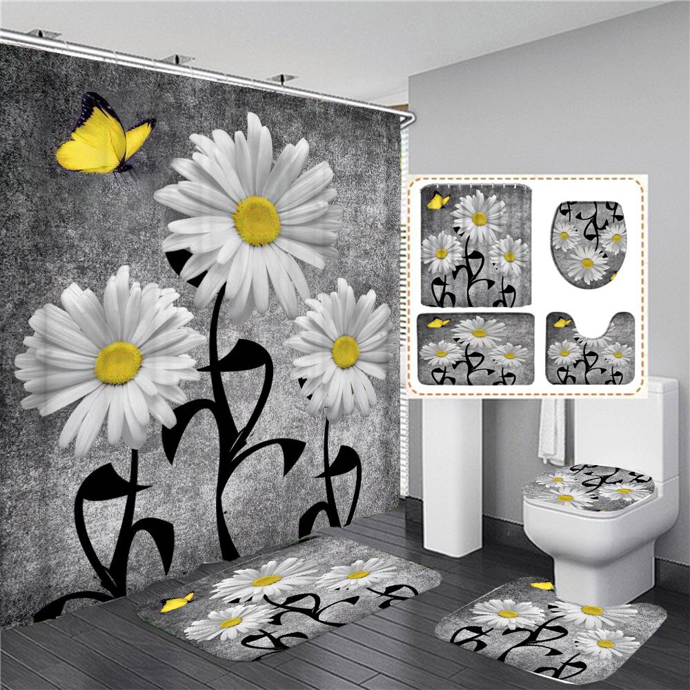 Sunflower Black Shower Curtains Beautiful Flowers 3D Print Bathroom Curtain Set Toilet Cover Bath Mat Non-Slip Rug With 12 Hooks