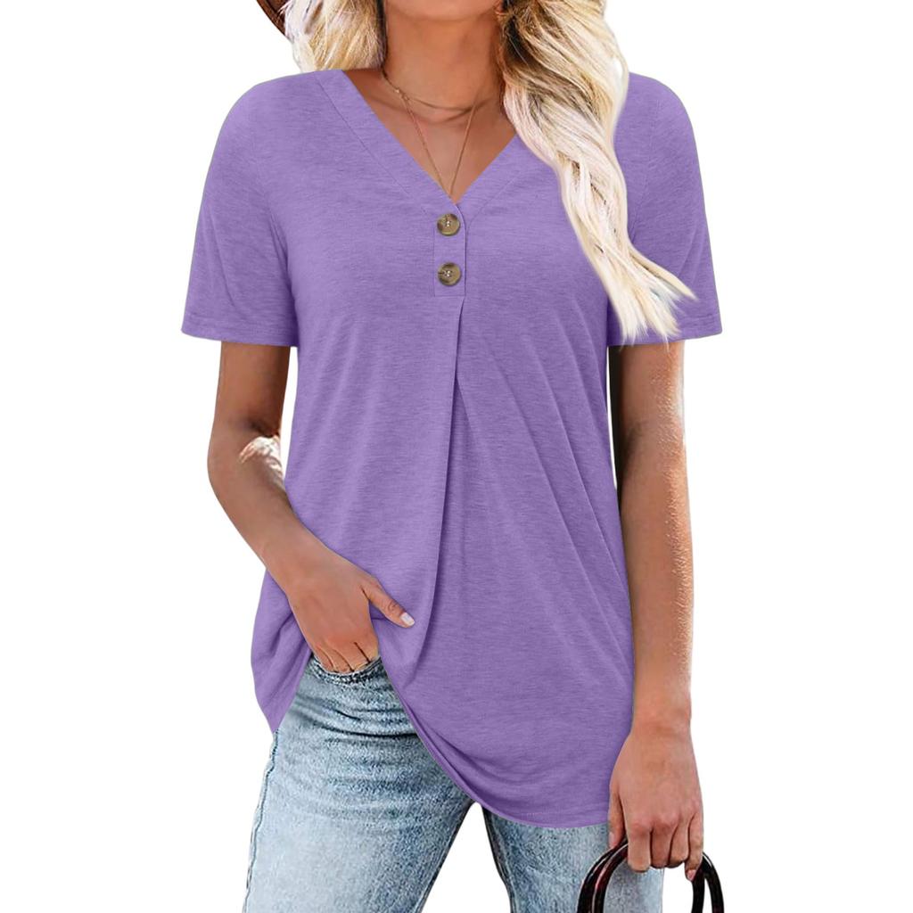 Women's Fashion Casual Short Sleeve Buttoned V-Neck T-Shirt Top