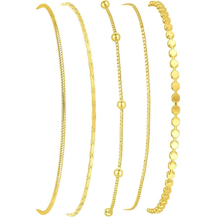 Gold Bracelets for Women, 14K Gold Plated Stackable Bracelet Stack Set Adjustable Charm Paperclip Chain Snake Link Layered Waterproof Jewelry Sets
