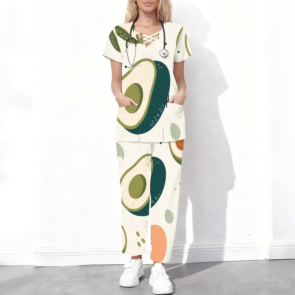 Women Plus Size Printed Scrub Set Crisscross Cutout Neck Short Sleeve Pockets Top Long Pants