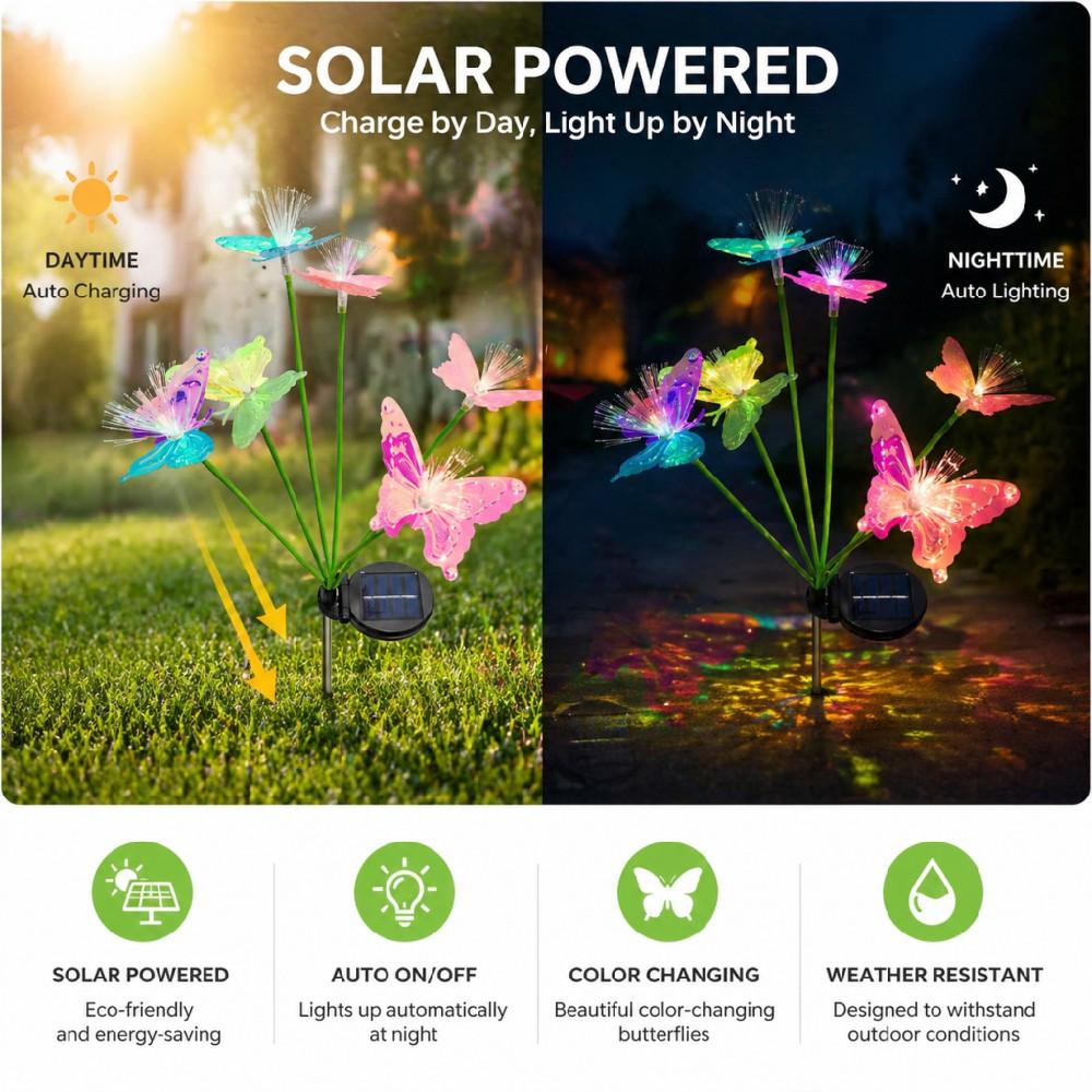 2PCs Colorful Multi-Head Solar Butterfly Stake Lights 2 Modes Waterproof Outdoor Garden Pathway Landscape Decor Lamp