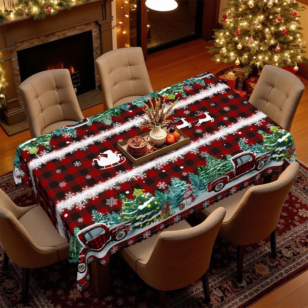 Runde Tischdecke mit Weihnachtsmotiv, Rot und Schwarz kariert, Schneemann/Weihnachtsbaum-Druck, Tischdekoration