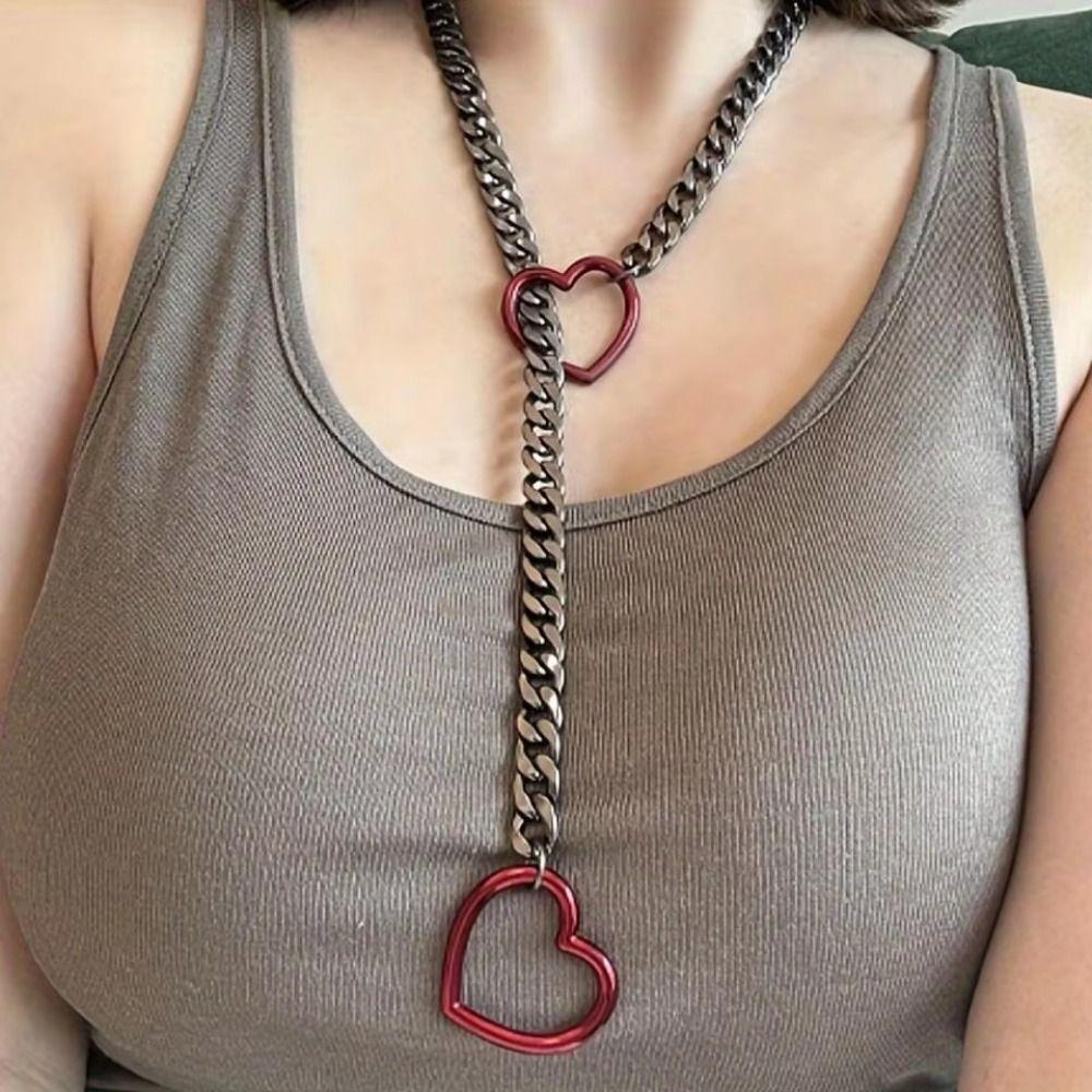 Long Cuban Link Necklace Stainless Steel O-ring Clavicle Chain Heart-shaped Necklace  Party Wear