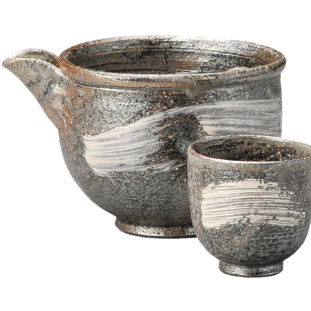 

Ale-net Sake Set, Tokkuri and Ochoko Set, 13 x 10 x 7.5cm H, 300ml, Brushed Katakuchi Style, Mino Ware, Ceramic, for Cold Sake