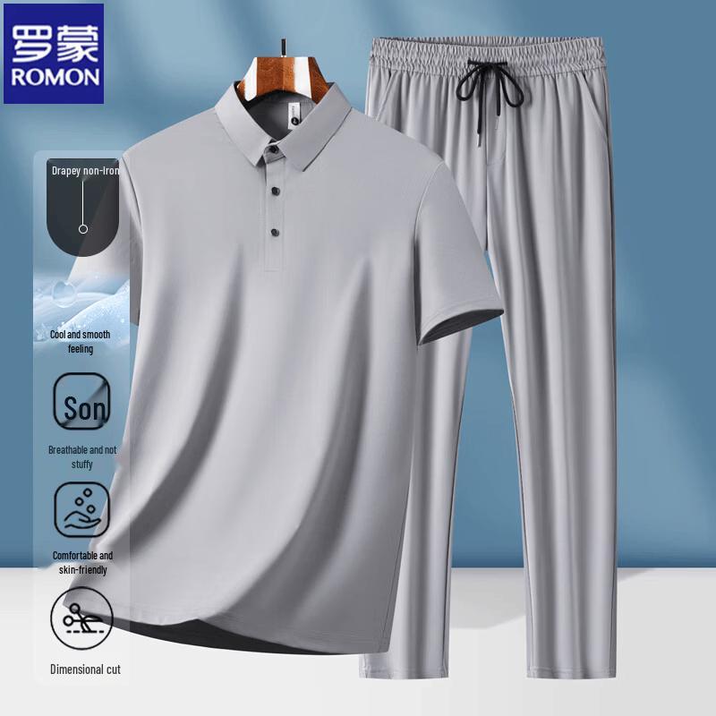 ROMON Men s Mid-Aged Cool Ice Silk T-Shirt & Summer Pants Set 2XL