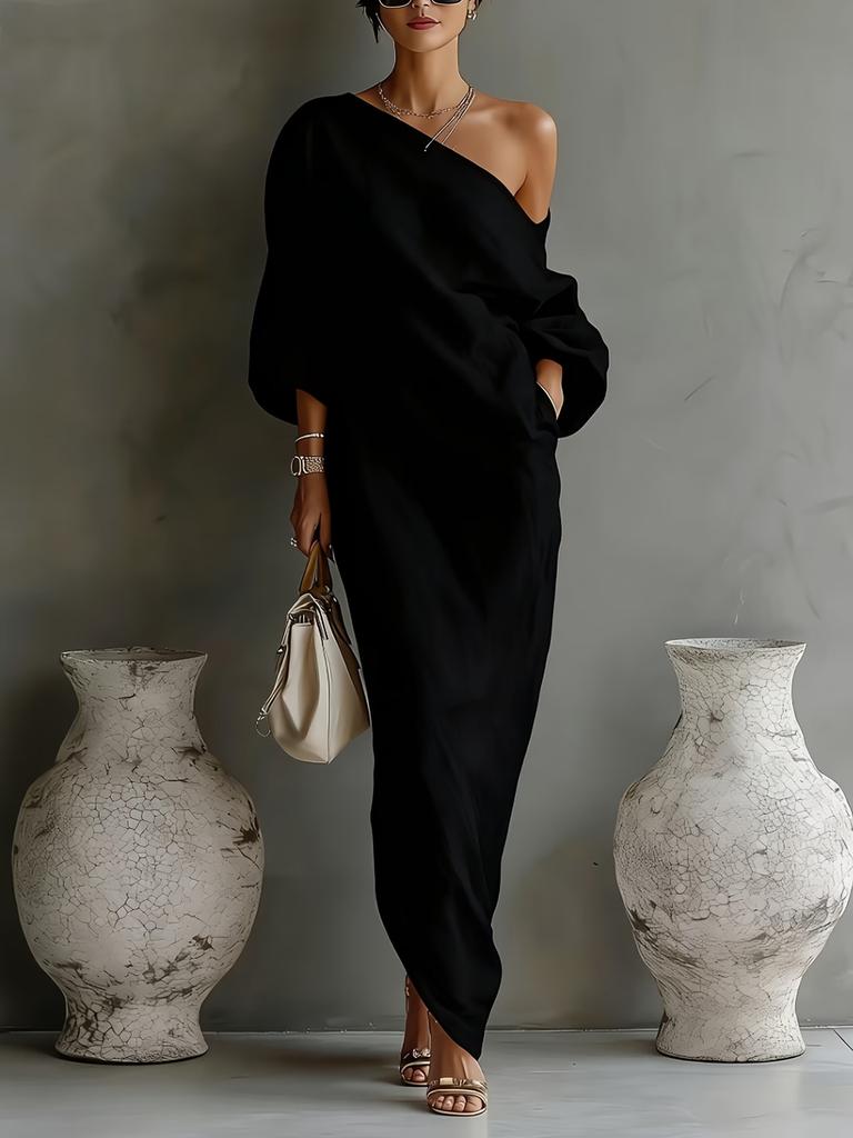 New Summer Fashion High-End Women's Long Sleeve Off-Shoulder Maxi Dress Mid-Waist Tucked-In Style