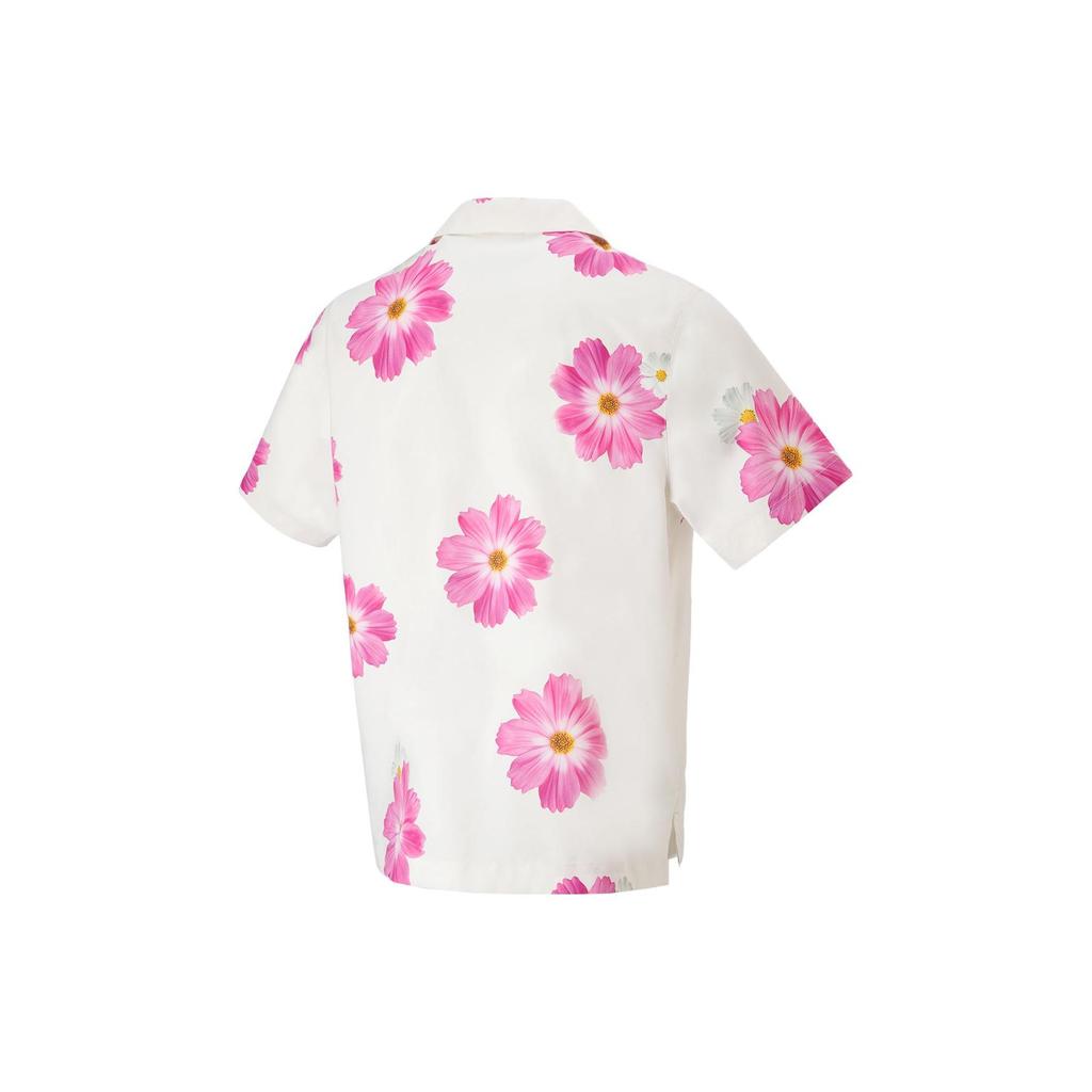 Li Ning Floral Print Polo Button Short Sleeve Shirt Unisex Shirts White ASHT217-1