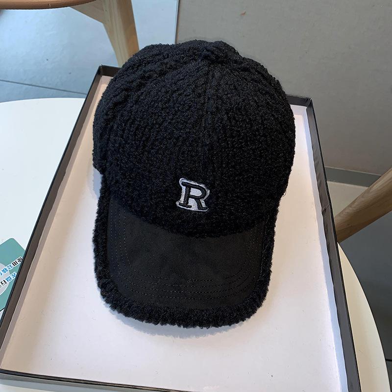 Korean Style Hat for Women In Autumn and Winter R Letter Embroidered Baseball Cap Thickened Plush Warmth Fashionable and Versatile Baseball Cap