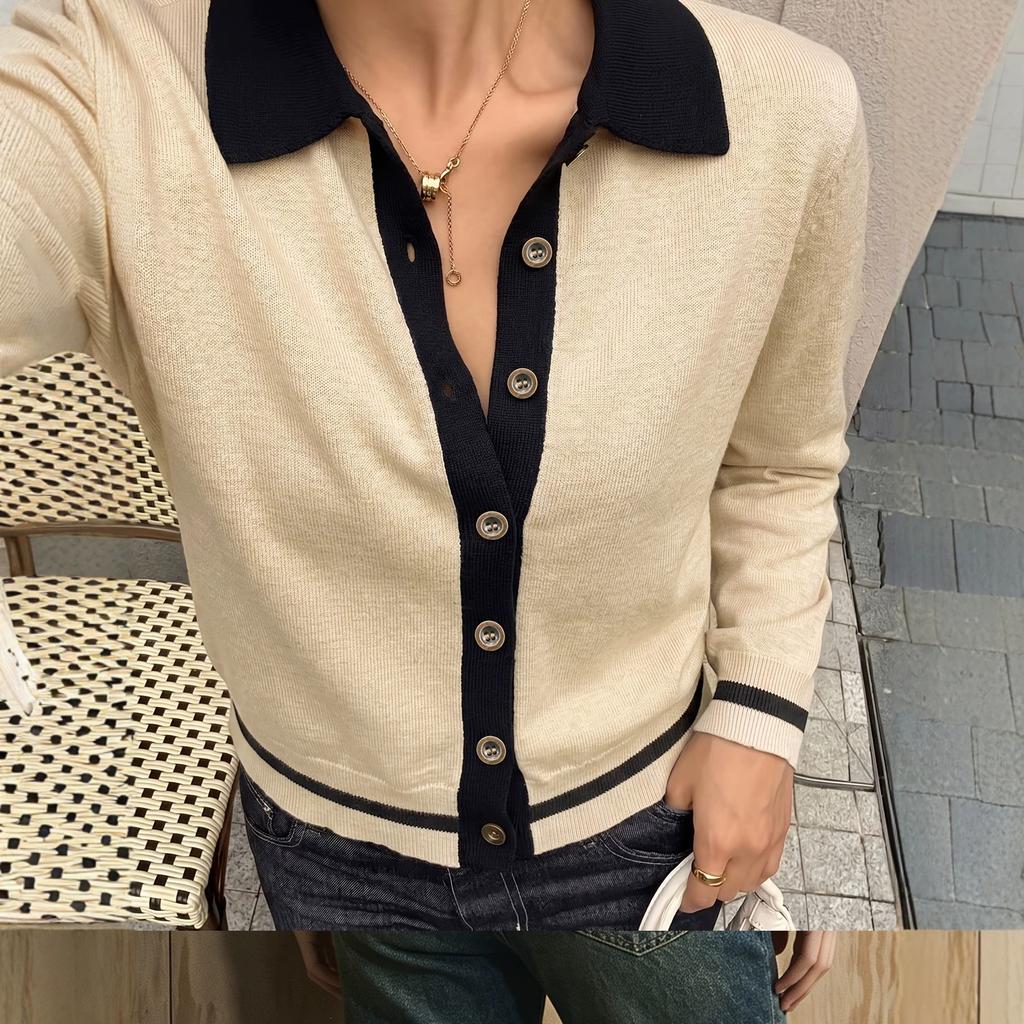 Women's Cardigan, Color-Block, Button-Front, Long Sleeve, Slim Fit