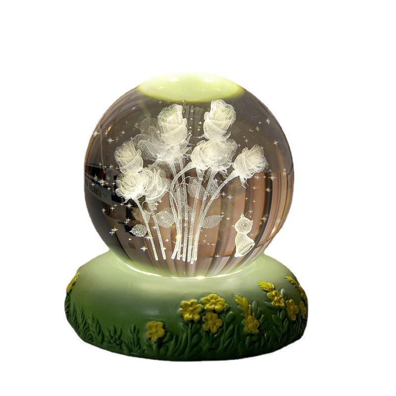 3D Crystal Ball Rose Carnation Flower Crystal Ball Night Light with Glowing Base Glass Ball Ornaments Mother's Day Birthday Gift