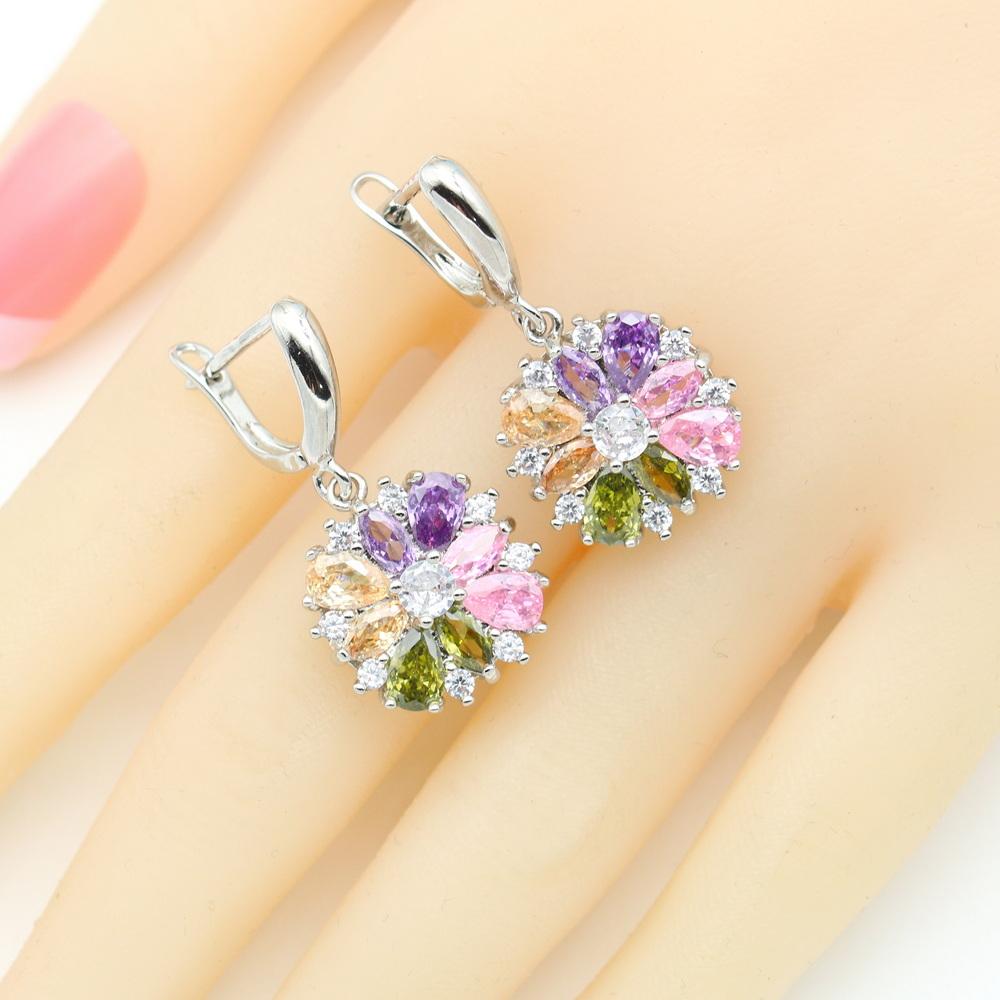 Joyería Multicolor de Circonita para Mujer Conjuntos de Boda Collar de Cristal Colgante Pendientes Anillo Regalo de Fiesta
