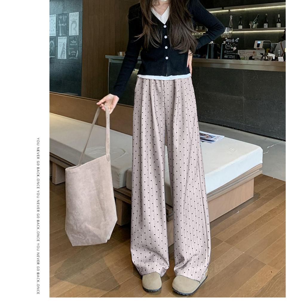 2025 Women's Khaki Polka Dot Striped Wide-Leg Pants - Spring & Autumn Relaxed Fit