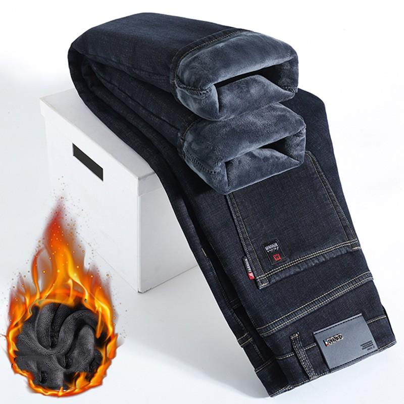 Men Autumn Winter Plus Size Thickened Warm Pants Fleece Jeans Business Casual Slim Straight Denim Trousers