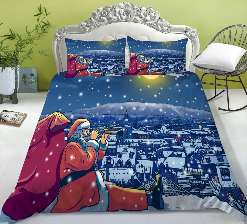 Christmas Gift Quilt Cover Pillowcase Two Or Three Piece Set Santa Claus Digital Printing Polyester Can Be