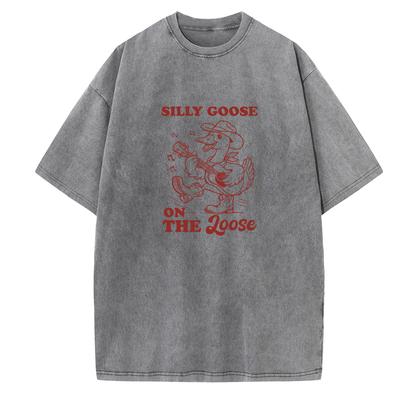 Silly Goose On The Loose Cotton Oversized Shirts Summer Funny Printing Shirt Unisex Vintage Harajuku Short Sleeve O-Neck