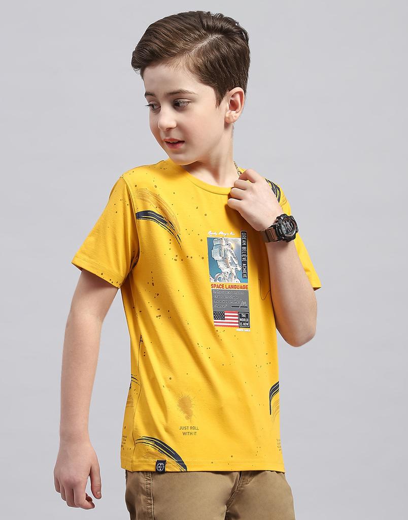 MONTE CARLO Boys Mustard Printed Round Neck Half Sleeve Regular Fit T-Shirt