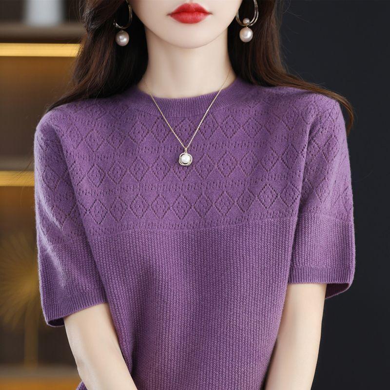 Knitted Shirt Hollowed Out T-shirt Spring New Round Neck Short Sleeved Loose Top