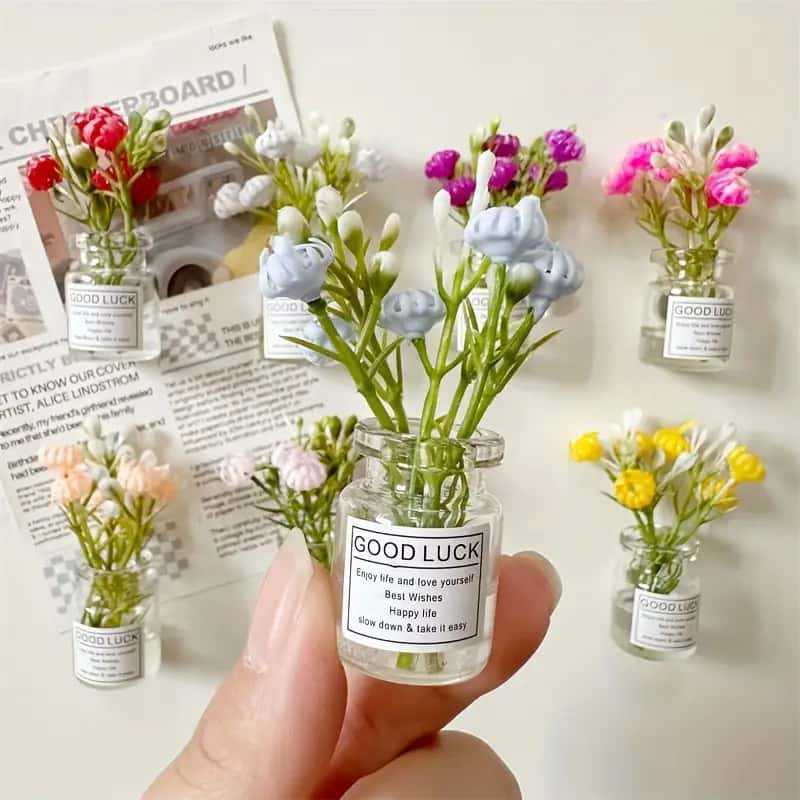 8pcs Glow In The Dark Mini Flower Vase Fridge Magnets Artificial Flowers Glass Bottle Refrigerator Stickers Kitchen Decor Gift