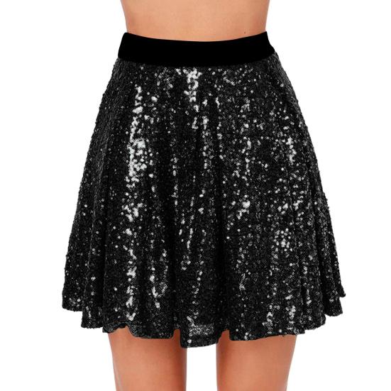 Women Skirt Elastic High Waist Sparkling Sequins Short Skirt Breathable Fabric Slimming Skirt Work Leisure Travel Parties