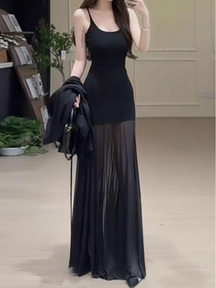 

2026 Petite Black Mesh Patchwork Camisole Bodycon Dress - Women s Summer Edition S