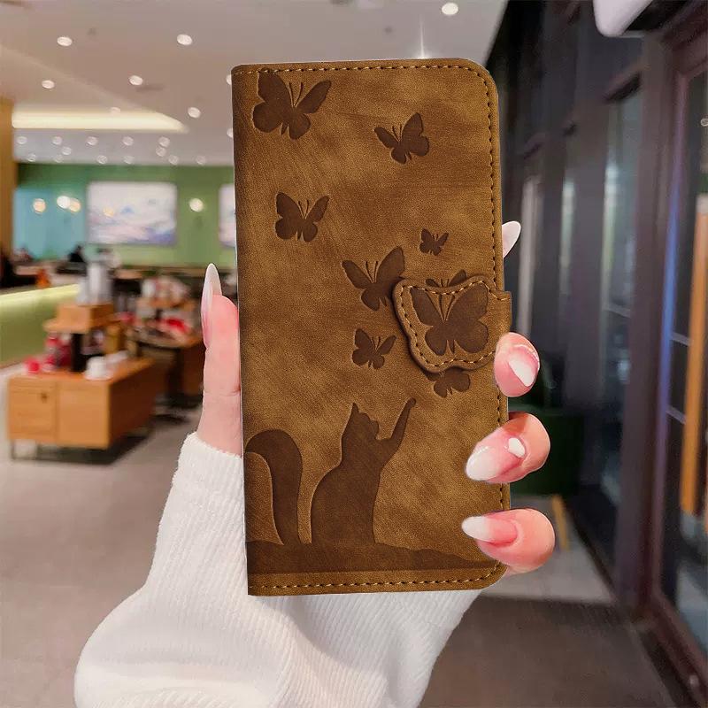 Butterfly Cat Embossed Leather Flip Case for Apple iPhone Pro Max SE3 - Card Holder for Women