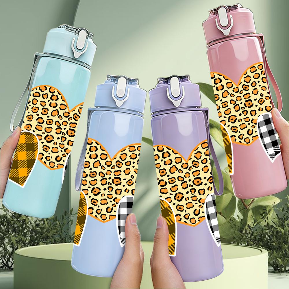 1PC Leopard Buffalo Plaid Heart Combo 750ml Color Plastic Sports Water Bottle Leakproof Flip Straw Lid Suitable for Sports Office Home Use
