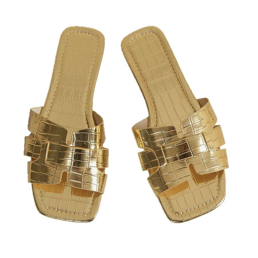 Large Size Solid Color Casual Stone Pattern Flat-bottomed Slippers 2025 New Foreign Trade Square Head One-pedal Slippers Spot