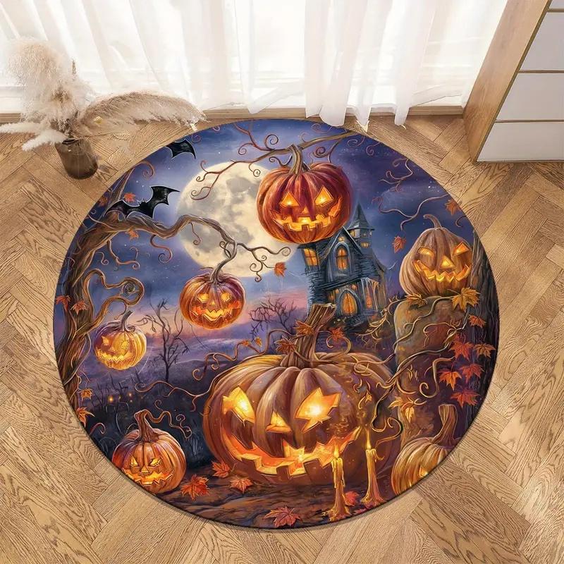 Halloween Pumpkin Print Round Carpet Rug for Living Room Bedroom Children's Room Kids Play Non-slip Floor Mat Halloween Gift